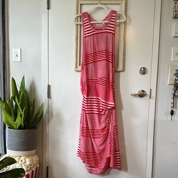 Zenobia-Bawas | Maxi Asymmetric Rouched White & Red Stripped Dress made in Italy - Picture 2 of 9